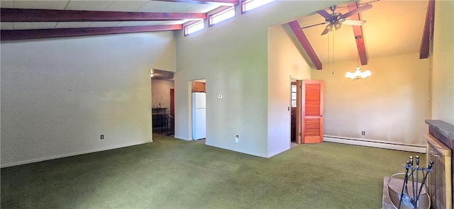 34 Crestview Dr W, Southport, NY 14871 - unfurnished living room with baseboard heating, beam ceiling, high vaulted ceiling, a ceiling fan, and a chandelier