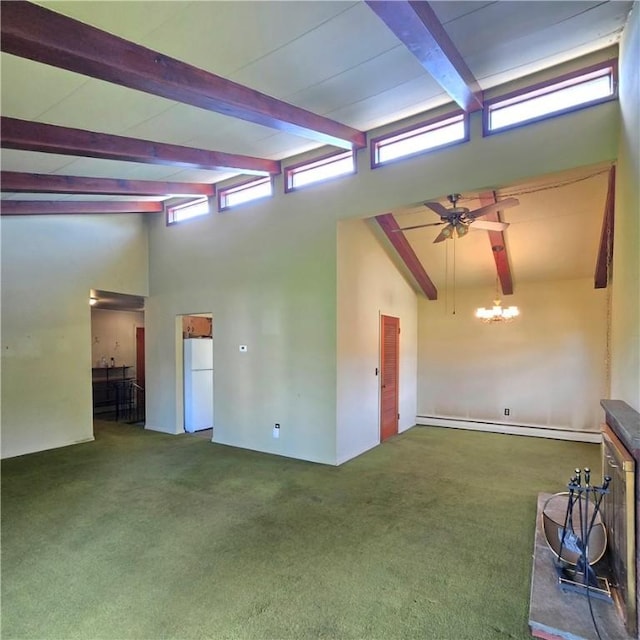 34 Crestview Dr W, Southport, NY 14871 - unfurnished room with a high ceiling, baseboard heating, beam ceiling, carpet flooring, and ceiling fan