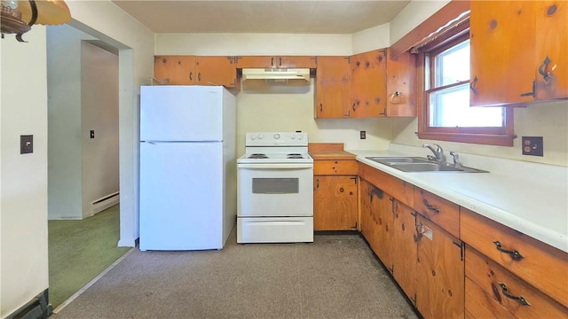 34 Crestview Dr W, Southport, NY 14871 - kitchen with white appliances, light countertops, brown cabinets, and under cabinet range hood