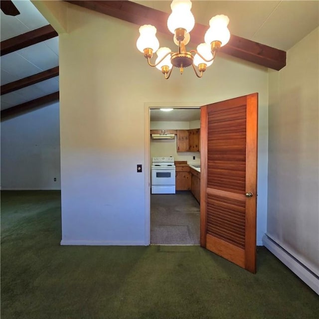 34 Crestview Dr W, Southport, NY 14871 - unfurnished dining area featuring a baseboard radiator, dark colored carpet, and a chandelier