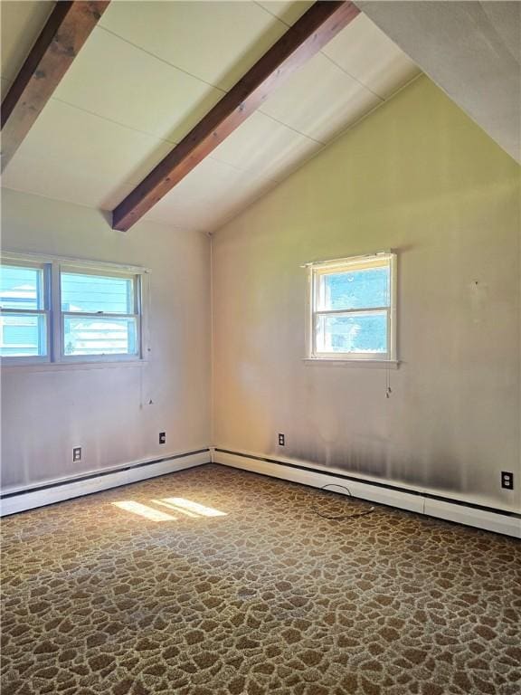 34 Crestview Dr W, Southport, NY 14871 - empty room featuring beam ceiling, stone flooring, healthy amount of natural light, a baseboard radiator, and high vaulted ceiling