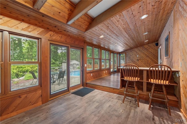8013 Ginger Rd, Clay, NY 13090 - sunroom / solarium with wood walls, wood finished floors, vaulted ceiling, recessed lighting, and wooden ceiling