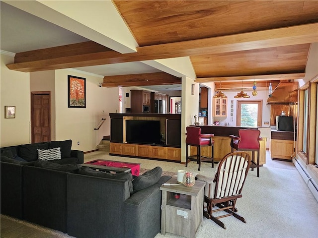 818 Larchmont Cir, Elmira, NY 14905 - living area with beamed ceiling, light carpet, and stairway