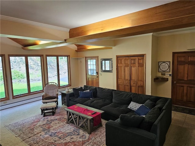 818 Larchmont Cir, Elmira, NY 14905 - carpeted living area with baseboard heating, ornamental molding, and ceiling fan