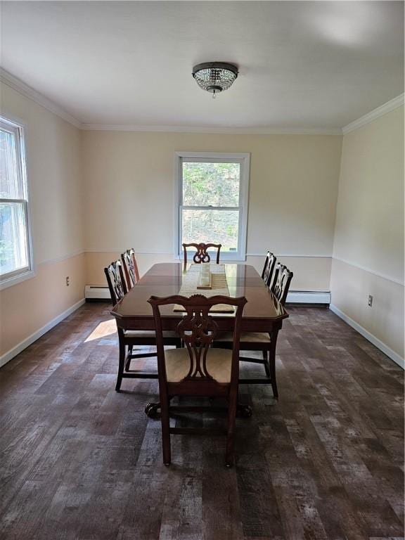 818 Larchmont Cir, Elmira, NY 14905 - dining room featuring a baseboard heating unit, baseboard heating, ornamental molding, and dark wood-style floors
