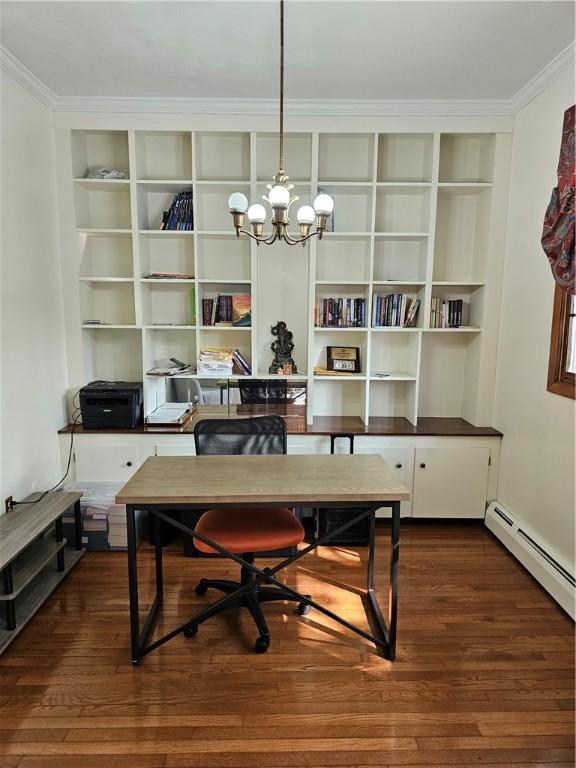 818 Larchmont Cir, Elmira, NY 14905 - office area featuring crown molding, dark wood-style flooring, a chandelier, built in shelves, and a baseboard heating unit