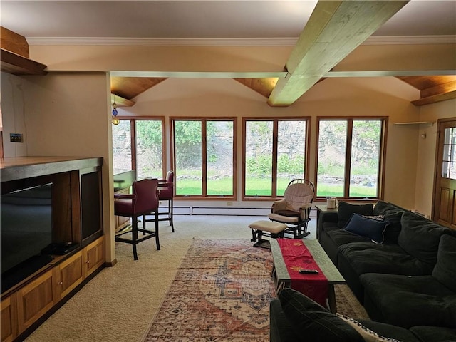818 Larchmont Cir, Elmira, NY 14905 - living room featuring light carpet, baseboard heating, beamed ceiling, and ornamental molding