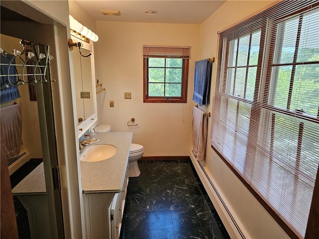 818 Larchmont Cir, Elmira, NY 14905 - full bathroom with marble tiled floors, vanity, baseboard heating, and a shower