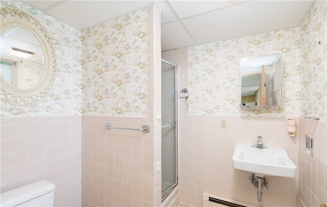 6 Meadowbrook Ter, North Dansville, NY 14437 - full bath with tile walls, wallpapered walls, a stall shower, and baseboard heating