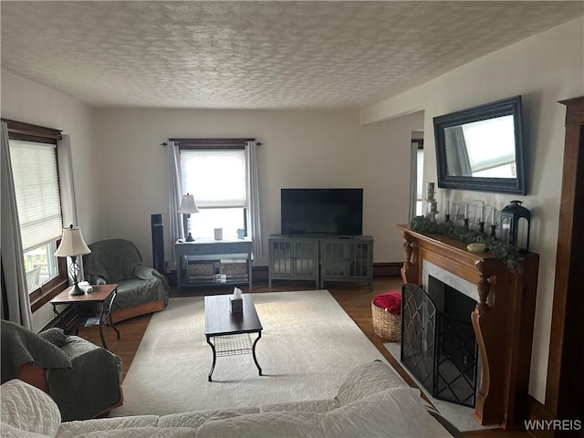 115 N 17th St, Olean-City, NY 14760 - living area with wood finished floors, healthy amount of natural light, a fireplace with flush hearth, and a textured ceiling