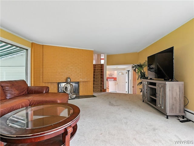 71 Saratoga Rd, Amherst, NY 14226 - carpeted living room with a brick fireplace