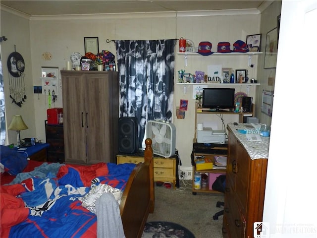 174 Bowen St, Jamestown, NY 14701 - bedroom with an office area, carpet flooring, and ornamental molding
