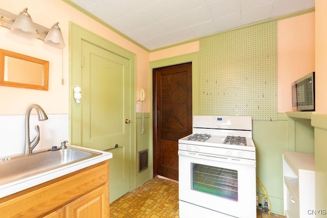 217 Mackay Ave, Camillus, NY 13219 - kitchen with white range with gas cooktop, light countertops, and crown molding