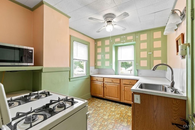 217 Mackay Ave, Camillus, NY 13219 - kitchen with stainless steel microwave, white gas stove, ceiling fan, ornamental molding, and light countertops