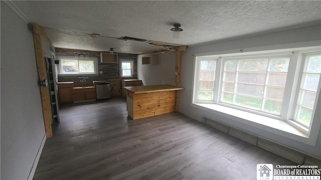 4010 Main St, Scio, NY 14880 - kitchen with a peninsula, a textured ceiling, dark wood-style flooring, and stainless steel dishwasher