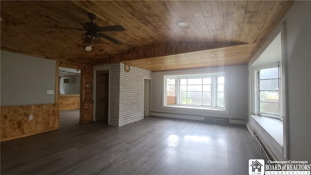 4010 Main St, Scio, NY 14880 - spare room with wood ceiling, ceiling fan, wood finished floors, wood walls, and lofted ceiling
