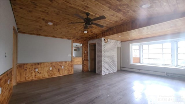 4010 Main St, Scio, NY 14880 - unfurnished living room featuring wood ceiling, a ceiling fan, wood walls, wood finished floors, and wainscoting