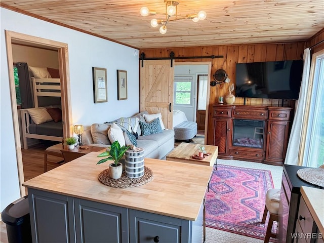 15794 W Lake Rd, Pulteney, NY 14874 - living room featuring wood ceiling, ornamental molding, a barn door, and wood walls