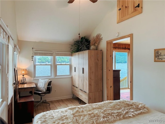 15794 W Lake Rd, Pulteney, NY 14874 - bedroom featuring lofted ceiling, wood finished floors, access to exterior, and ceiling fan