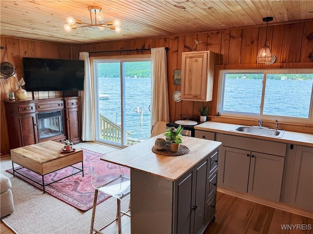 15794 W Lake Rd, Pulteney, NY 14874 - kitchen with wood walls, wood ceiling, a chandelier, hanging light fixtures, and gray cabinets