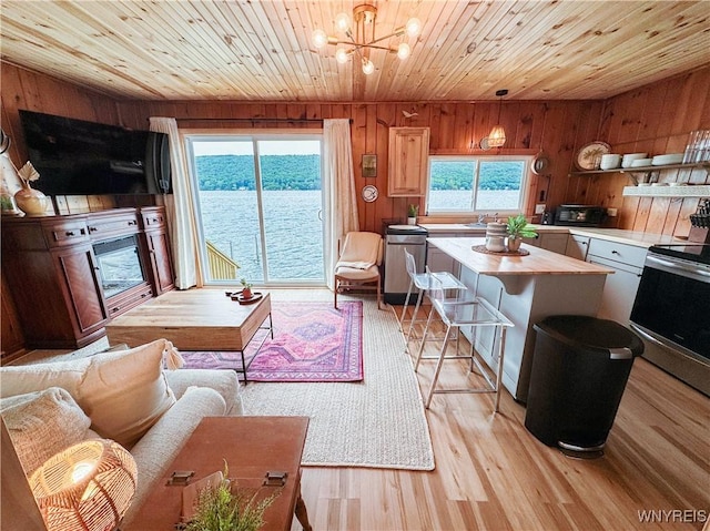15794 W Lake Rd, Pulteney, NY 14874 - living area featuring wooden walls, wood ceiling, a chandelier, and light wood finished floors