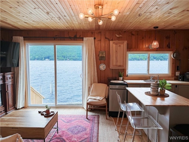 15794 W Lake Rd, Pulteney, NY 14874 - kitchen with wooden ceiling, butcher block countertops, plenty of natural light, wooden walls, and pendant lighting