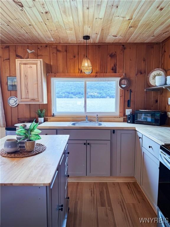 15794 W Lake Rd, Pulteney, NY 14874 - kitchen featuring wooden ceiling, black microwave, light countertops, wood walls, and light wood-style floors