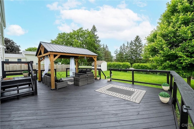 150 E Hawthorne Way, Sullivan, NY 13037 - wooden terrace with outdoor lounge area, a storage shed, a yard, and a gazebo
