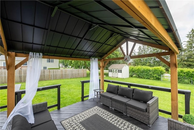 150 E Hawthorne Way, Sullivan, NY 13037 - deck featuring a storage shed, a fenced backyard, and an outdoor living space