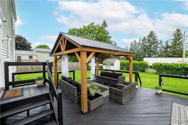 150 E Hawthorne Way, Sullivan, NY 13037 - deck featuring a storage shed, a fenced backyard, outdoor lounge area, and a gazebo