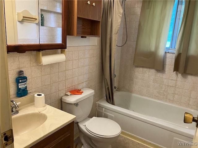 1300 Cain Rd, Porter, NY 14174 - full bathroom with shower / bath combo, tile walls, vanity, and decorative backsplash