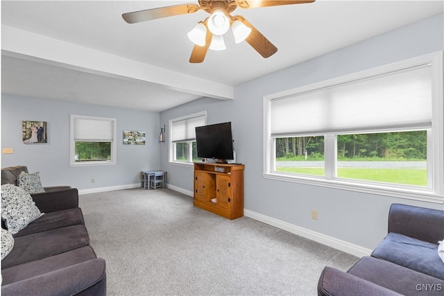 10327 Wolcott Hill Rd, Camden, NY 13316 - living room with carpet flooring, ceiling fan, and beam ceiling