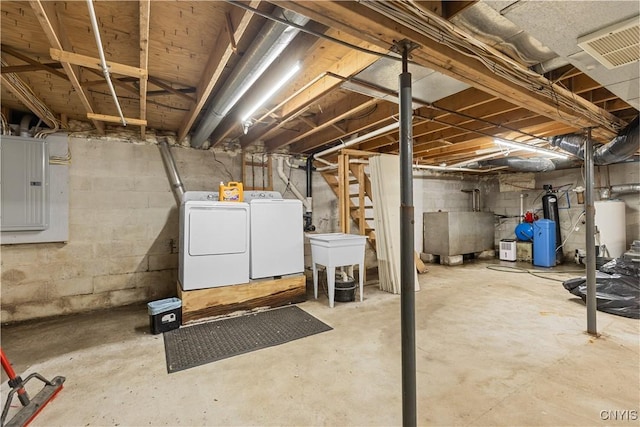 10327 Wolcott Hill Rd, Camden, NY 13316 - unfinished below grade area with washing machine and clothes dryer, electric panel, a water pressure tank, and water heater