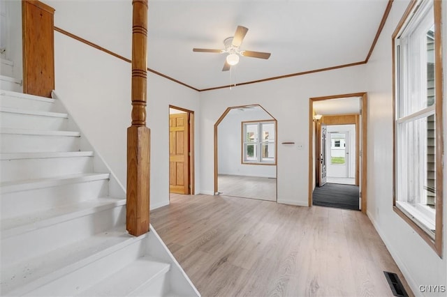 364 S 6th St, Fulton, NY 13069 - entryway with light wood-style flooring, stairway, ceiling fan, and ornamental molding
