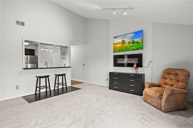 75B Foxberry Dr, Amherst, NY 14068 - carpeted living room featuring high vaulted ceiling, rail lighting, and a glass covered fireplace