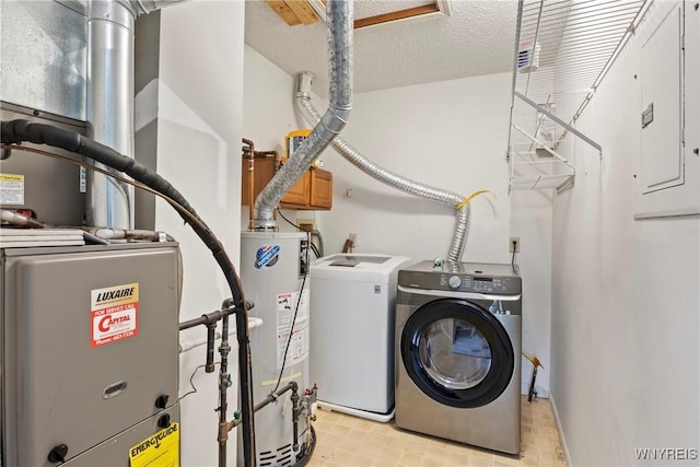 75B Foxberry Dr, Amherst, NY 14068 - laundry area featuring water heater, independent washer and dryer, electric panel, heating unit, and a textured ceiling