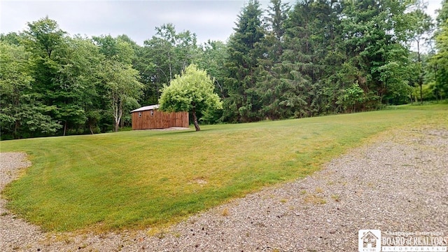 12483 Sawmill Run Rd, South Valley, NY 14738 - view of grassy yard featuring a storage shed and a view of trees