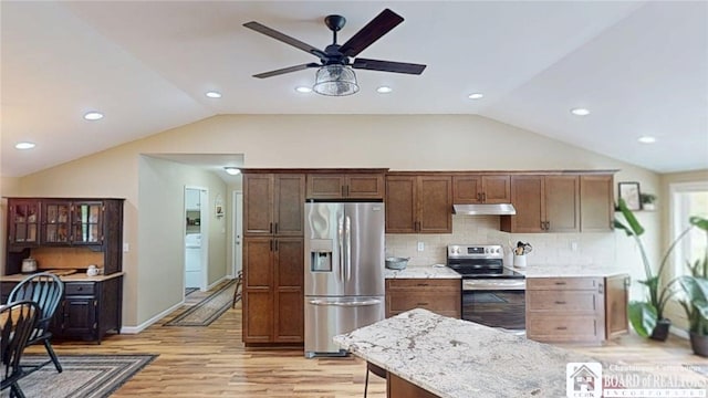 12483 Sawmill Run Rd, South Valley, NY 14738 - kitchen with stainless steel appliances, lofted ceiling, ceiling fan, light wood-style flooring, and backsplash