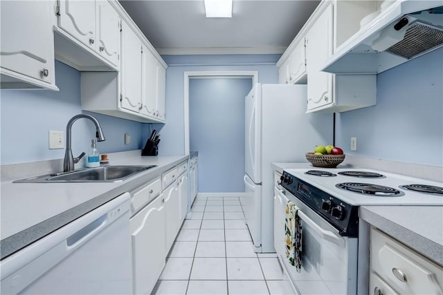 1400 E Ave Unit Un609, Rochester, NY 14610 - kitchen with white appliances, range hood, light countertops, white cabinets, and light tile patterned floors