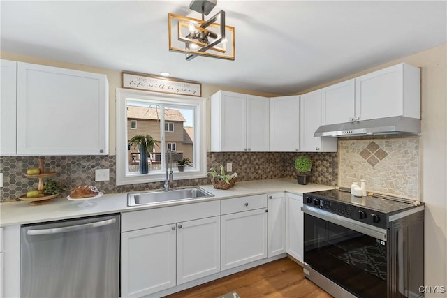 4302 Cinnamon Path, Clay, NY 13090 - kitchen with stainless steel dishwasher, range with electric cooktop, under cabinet range hood, light wood finished floors, and white cabinetry