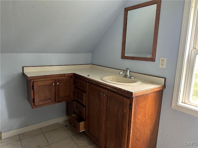 8362 Price Rd, Floyd, NY 13354 - bathroom featuring vaulted ceiling, vanity, and tile patterned floors