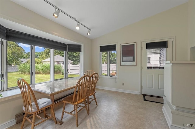 312 S Orchard Rd, Geddes, NY 13219 - dining area with plenty of natural light, vaulted ceiling, rail lighting, and light tile patterned floors