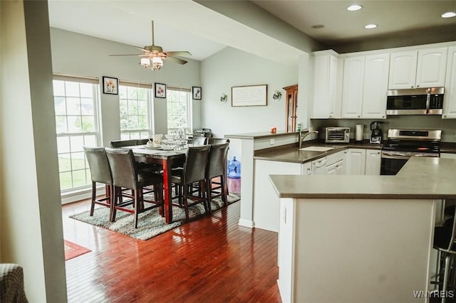 107 Naymik Dr, Sullivan, NY 13037 - kitchen with appliances with stainless steel finishes, a peninsula, a ceiling fan, dark wood-style flooring, and lofted ceiling