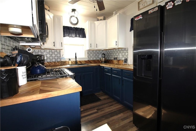 218 S Terry Rd, Geddes, NY 13219 - kitchen with black fridge with ice dispenser, wooden counters, blue cabinetry, and dark wood-type flooring