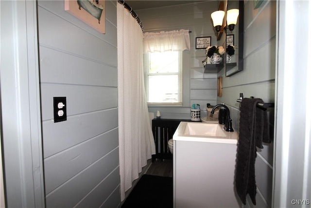 218 S Terry Rd, Geddes, NY 13219 - full bath featuring vanity, a chandelier, and a shower with curtain