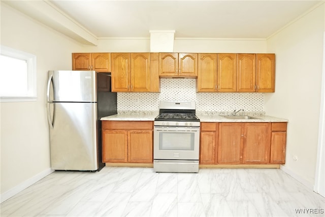 50 Avery Pl, Cheektowaga, NY 14225 - kitchen with appliances with stainless steel finishes, ornamental molding, backsplash, light marble finish flooring, and brown cabinetry