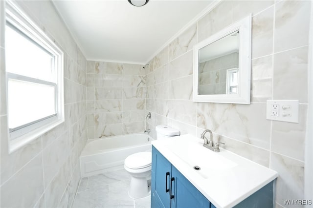 50 Avery Pl, Cheektowaga, NY 14225 - full bathroom with tile walls, vanity, crown molding, and tub / shower combination
