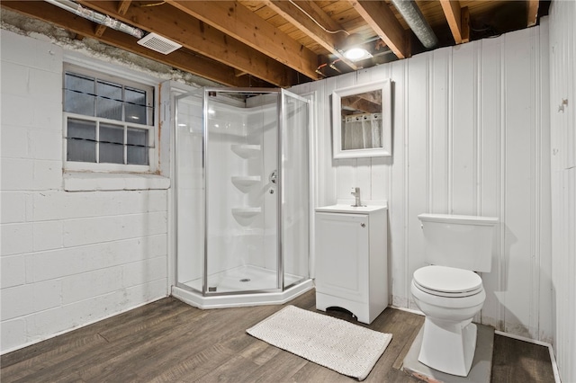 100 Carverdale Dr, Brighton, NY 14618 - bathroom featuring a shower stall, vanity, and wood finished floors