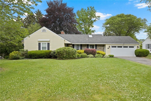 100 Carverdale Dr, Brighton, NY 14618 - ranch-style house featuring a garage, asphalt driveway, a front yard, and a chimney