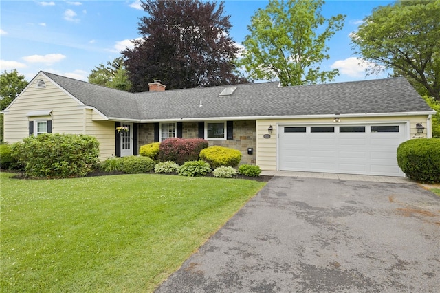 100 Carverdale Dr, Brighton, NY 14618 - ranch-style house featuring a chimney, an attached garage, a front yard, asphalt driveway, and roof with shingles